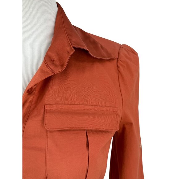 Vintage Y2K Bebe Rust Orange Belted Mini Shirt Dress w/Pockets & Satin Trim S - Picture 4 of 16